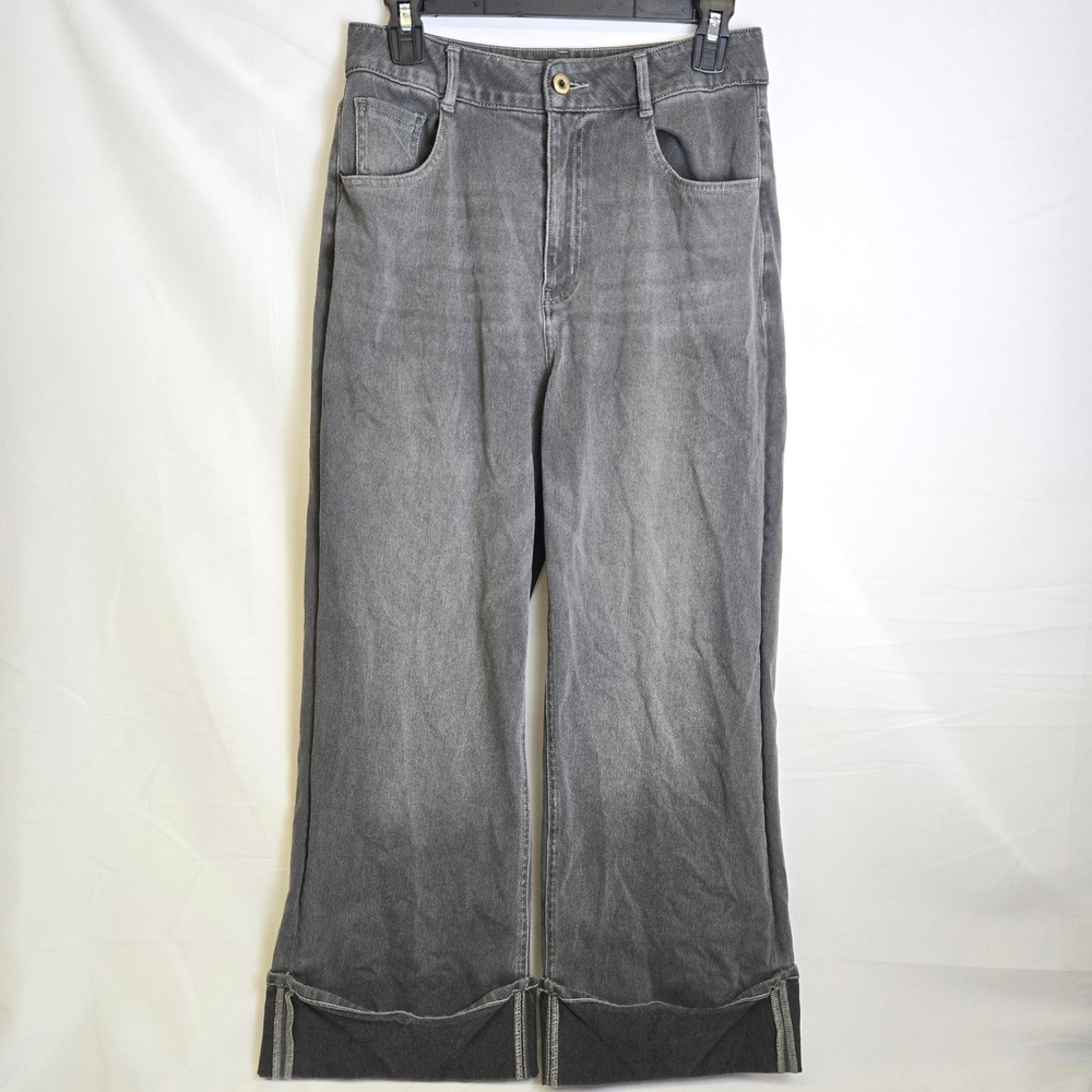 Halara Flex High Waisted Pockets Rolled Hem Wide Leg Washed Casual Jeans Gray M